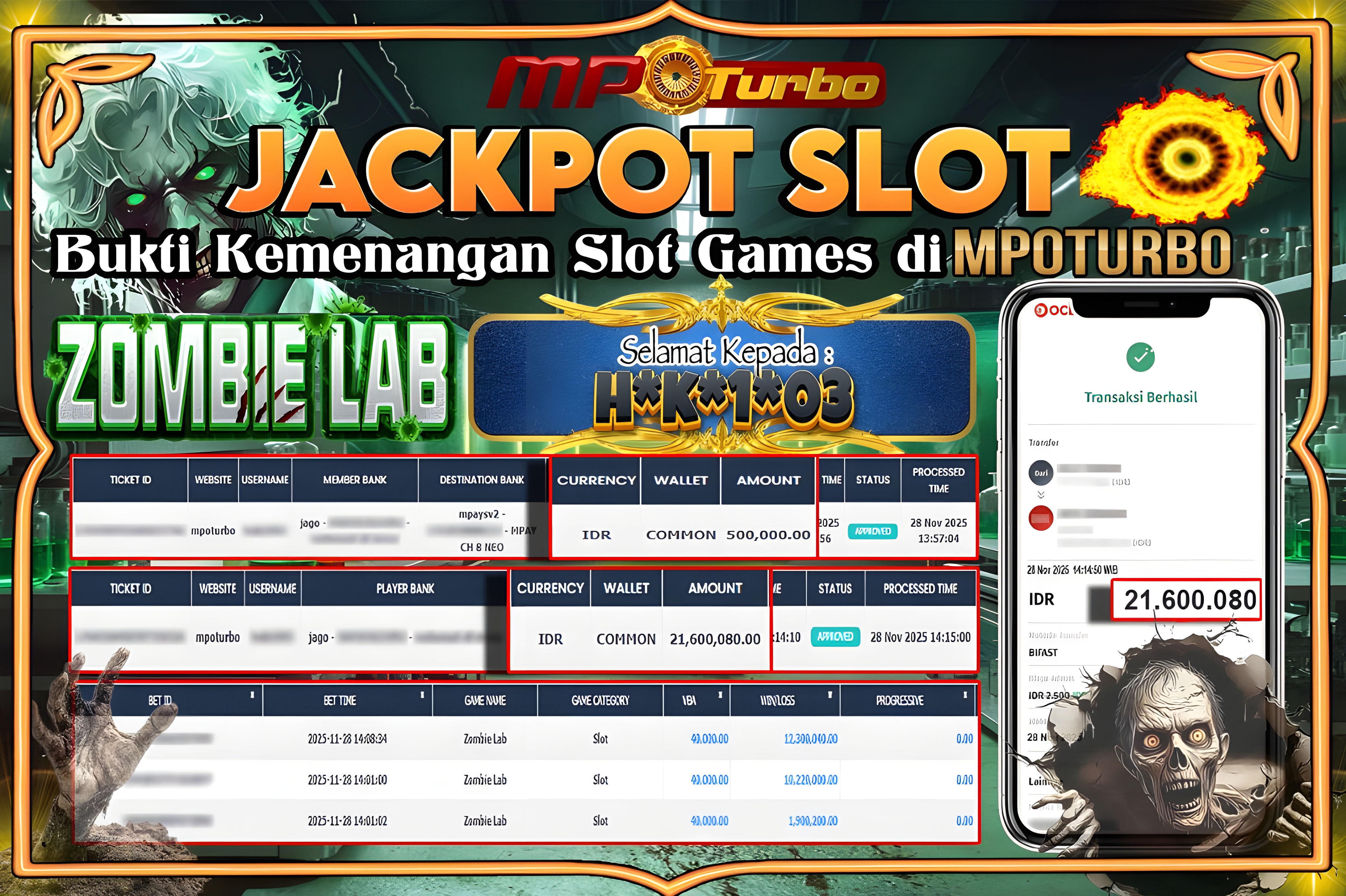 MPOTURBO JACKPOT ZOMBIE LAB - BE SOFT Rp 21,600,080.00,- LUNAS
